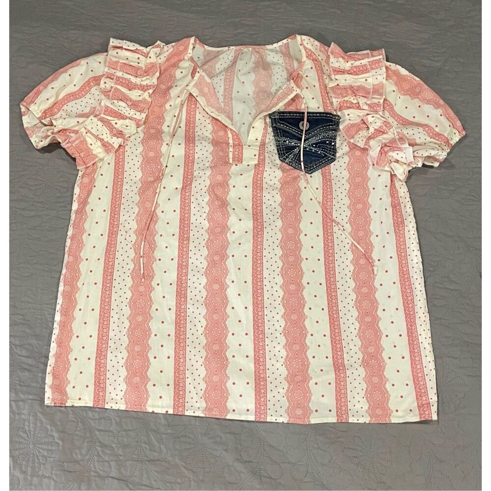 Feelin Groovy Upcycled Red and White Puff Sleeve XL Western Cowgirl Denim Pocket